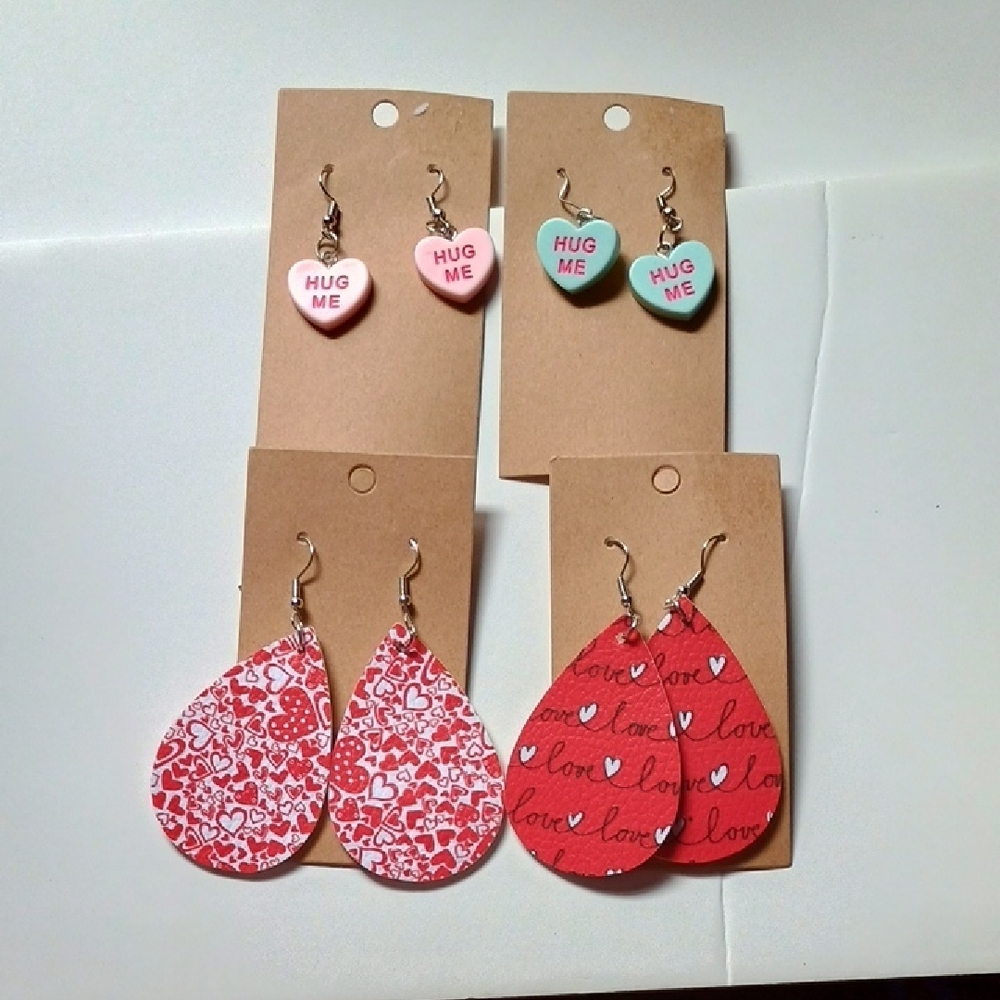 Heart and Teardrop Earrings Set - Red and Pink